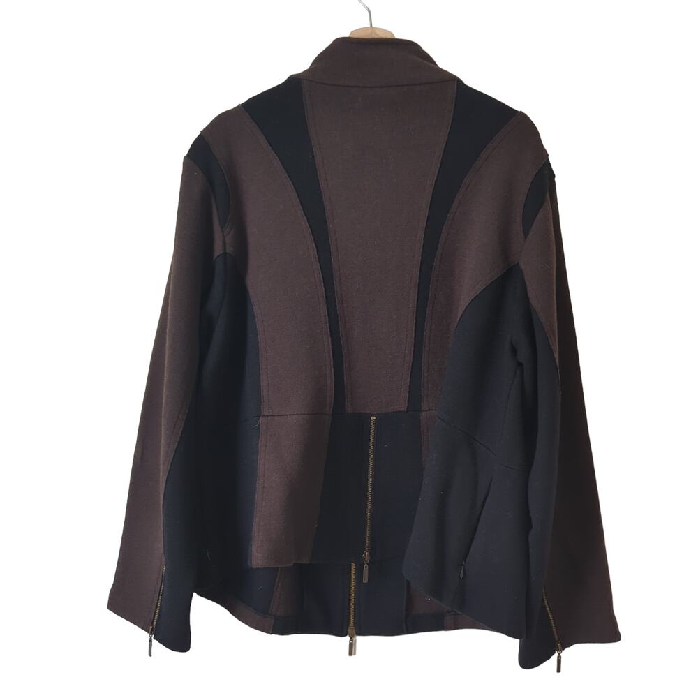 Icelandic Design Women's Zip Front Wool Sweater 2X Brown‎ Black Colorblock Artsy